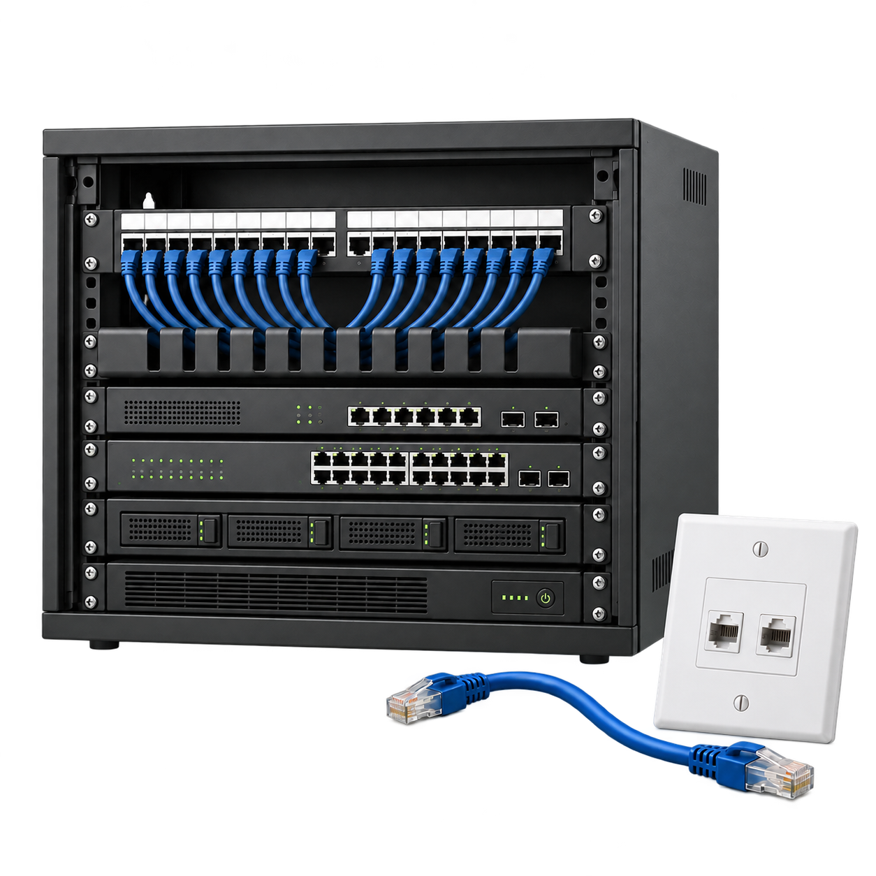 Illustrative commercial network rack with patch panel, switches, recorder, backup power, Cat6 cable, and dual Ethernet wall outlet